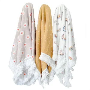 custom cute tassel infant muslin blankets cotton printed summer baby blankets newborn white baby blankets with tassel