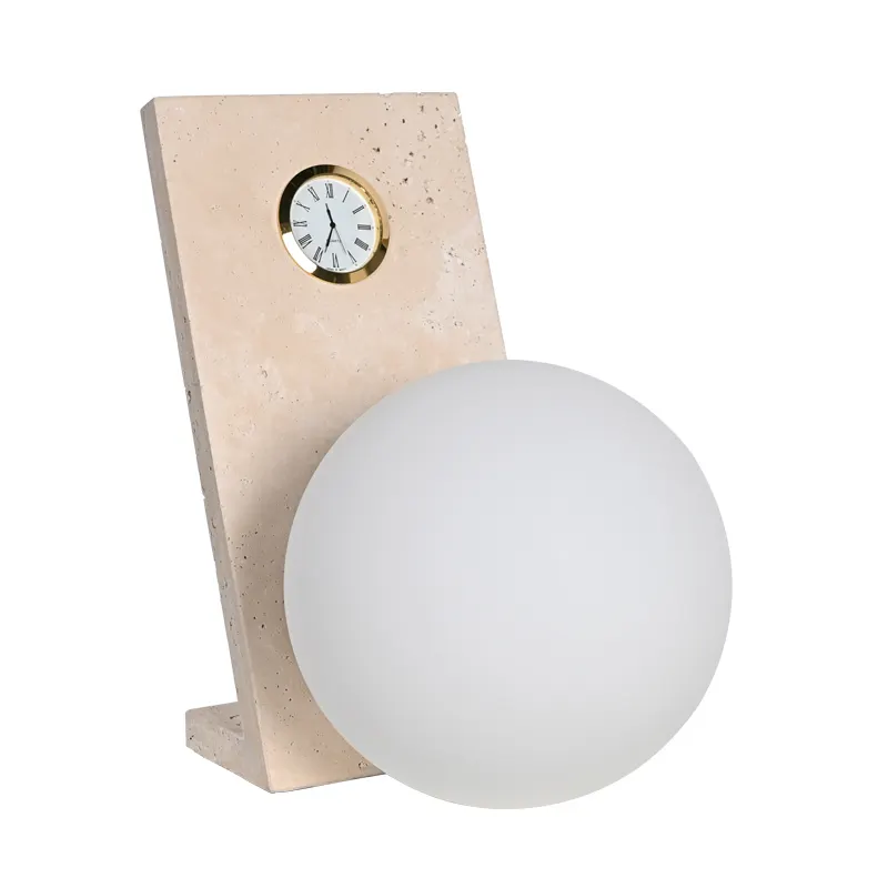 Iluminação Decorativa Olivia Nordic Globe Opal Glass Travertino Stone Bedside Table Lamp Com Relógio De Quartzo