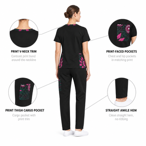 Ensemble de blouses médicales pour femmes à imprimé africain, haut à col en V et manches courtes avec poches à imprimé, <span class=keywords><strong>pantalon</strong></span> droit, <span class=keywords><strong>tenue</strong></span> de travail médicale - Product Image 5