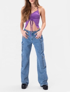 <span class=keywords><strong>Jean</strong></span> Denim Long Droit Pleine Longueur Cargo Jeans Pantalon Nouveau Design Taille Haute Jambe Large Lâche pour les Femmes Avec Poches Léger Solide - Product Image 4