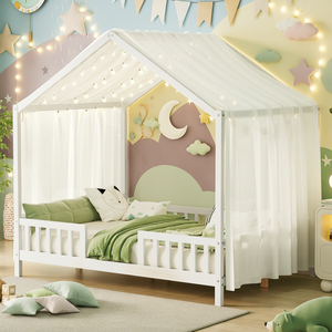 Cama Infantil de Tamaño Completo, Cama <span class=keywords><strong>Montessori</strong></span> de Madera <span class=keywords><strong>Blanca</strong></span> con Techo y Dosel - Product Image 1