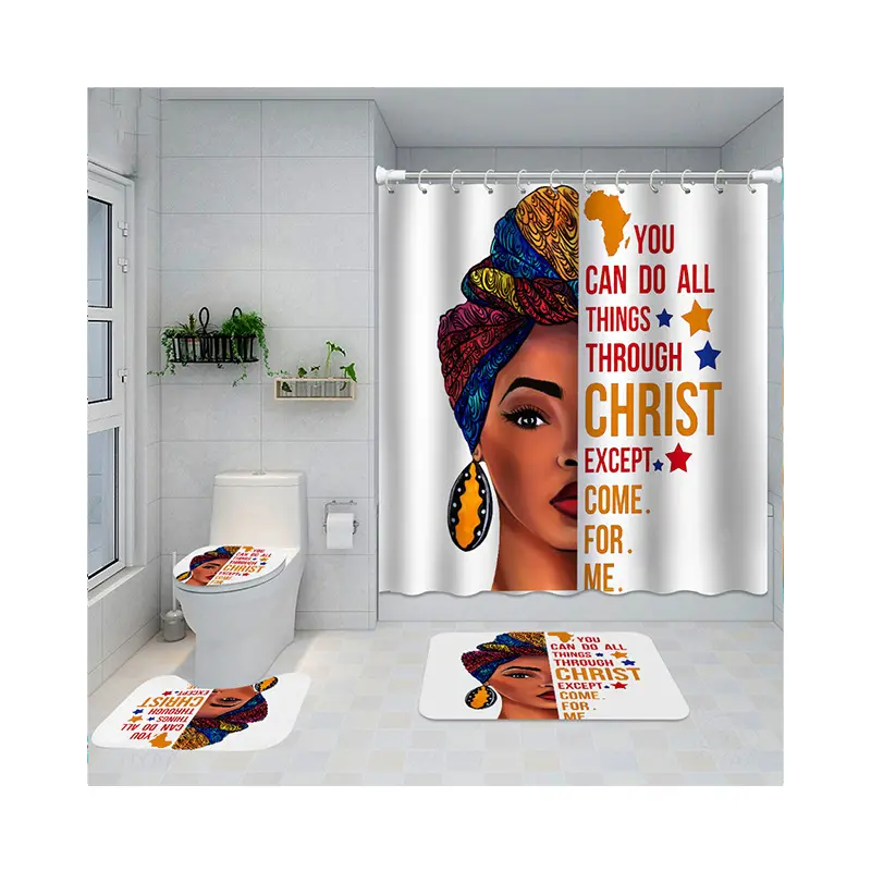 Cross-border African woman series waterproof digital printing shower curtain metal grommets shower curtain cloth send C-shaped p