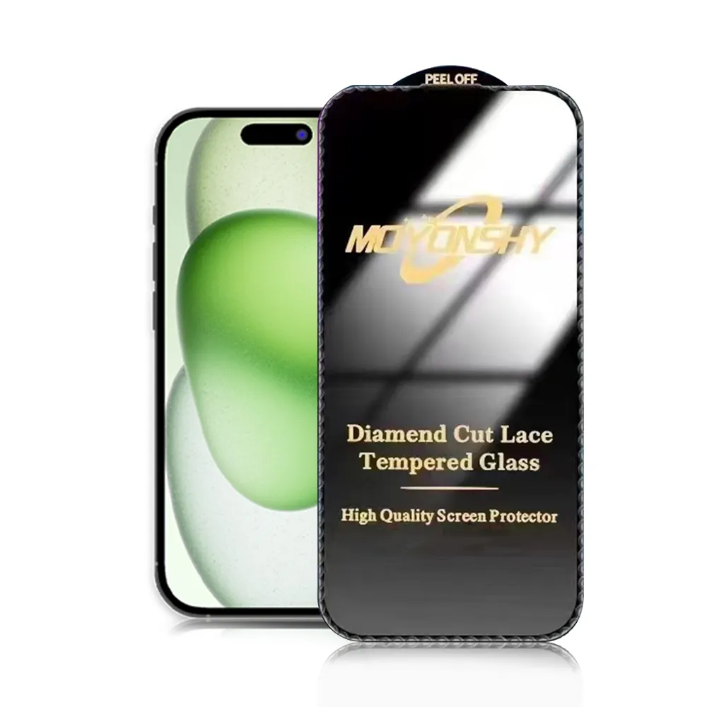 Factory price premium color diamond cut lace tempered glass mobile phone full cover screen protector for iphone 15 14 pro max