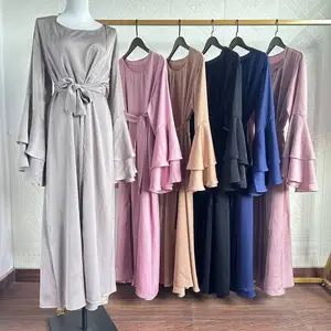 Wholesale Ramadan Eid Dubai Turkish Elegant Modest Custom Women Muslim Dress Abaya Trumpet Sleeve Kaftan Satin Abaya 2 Piece Set