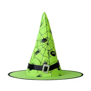 Aksesori kostum pesta Cosplay Halloween, topi penyihir hijau motif Web laba-laba