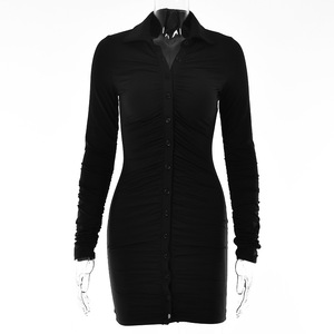 Minivestido ajustado con cuello en V, manga larga, plisado, de color liso, para cóctel, moda femenina - Product Image 5