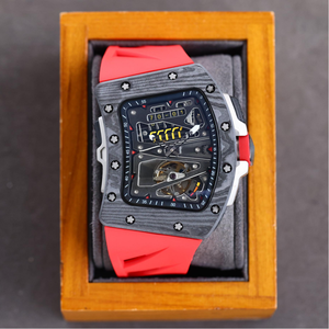 Reloj de Lujo para Hombre con Tourbillon de Fibra de Carbono Negra, Esfera Cuadrada de Acero Inoxidable, Correa de Goma Personalizada, Espejo de <span class=keywords><strong>Zafiro</strong></span>, Diseño de Autor - Product Image 1