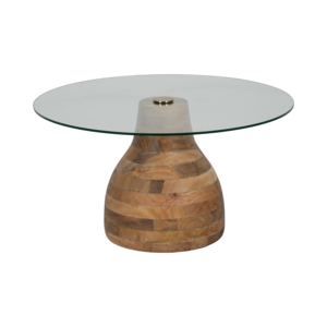 Mesa de Centro Redonda de Madera Rayada con Tapa de Vidrio y Base de Madera Sólida para Patio, Balcón y Uso en Exteriores - Product Image 3