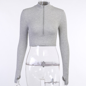 mayor Sexy acanalado ajustado de manga larga estilo básico <span class=keywords><strong>Mujer</strong></span> Tops de cremallera de algodón <span class=keywords><strong>camiseta</strong></span> simple de las mujeres - Product Image 4