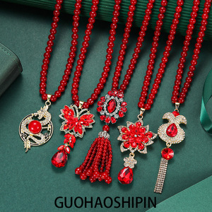 Flower Shape Zinc Alloy Pendant Necklace With Red Crystal Diamond Pave Setting For Fashion Jewelry Accessories - Product Image 5