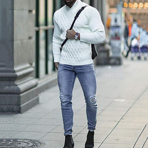 Suéteres para hombres <span class=keywords><strong>Slim</strong></span> <span class=keywords><strong>Fit</strong></span> Medio <span class=keywords><strong>cuello</strong></span> <span class=keywords><strong>alto</strong></span> Retro Hooked Flower Sweater Camisa de punto de manga larga de color sólido para hombres - Product Image 4