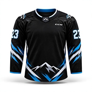 Jersey de Hockey sobre Hielo para Hombre, Cuello en V, Manga Larga, Negro, Azul Montaña, Sublimado, Malla Transpirable, 100% Poliéster, Diseño Personalizable - Product Image 4