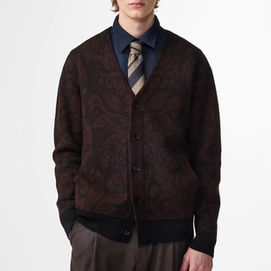 Designer <strong>Men's</strong> Paisley Flock Velvet Cardigan Sweater Bomber Style with Ribbed Trim Jacquard Knit <strong>Jumper</strong> in Burgundy and <strong>Black</strong> - Product Image 1