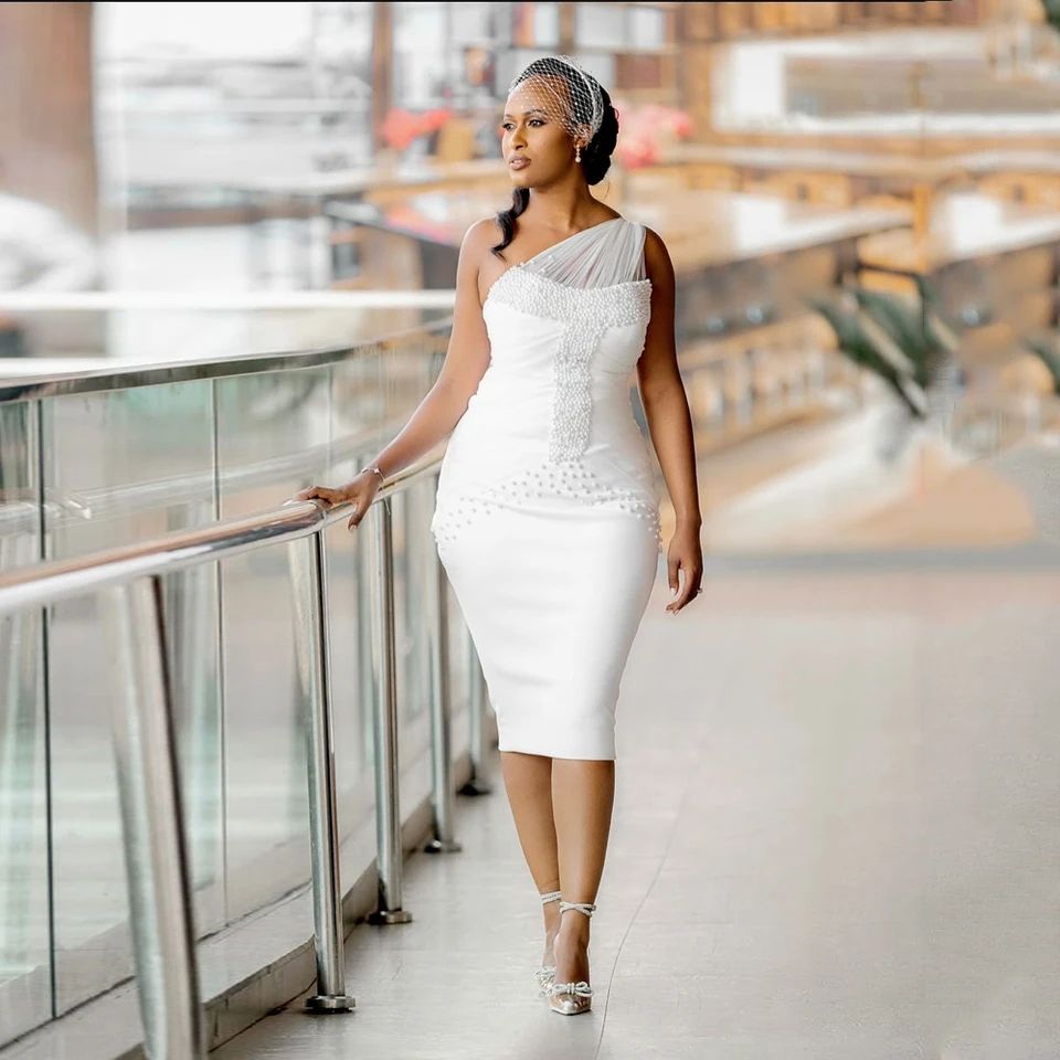 Customized Knee Length Ivory Wedding Dresses African Women Beaded One  Shoulder Sheath White Strapless Short Bride Wedding Gowns| Alibaba.com, image size:960x960