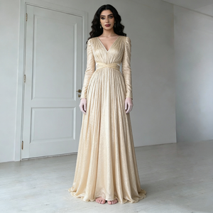 Robes pour femmes, or, col en V profond, manches longues, plissées, ceinture à nouer, élégantes, formelles, longues - Product Image 1