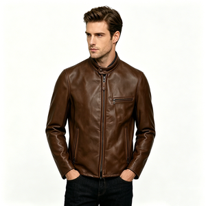 <span class=keywords><strong>Blouson</strong></span> Moto <span class=keywords><strong>Homme</strong></span> Vintage Marron en <span class=keywords><strong>Cuir</strong></span> PU Col Montant Entièrement Zippé Style Café Racer avec Multiples Poches Zippées - Product Image 3