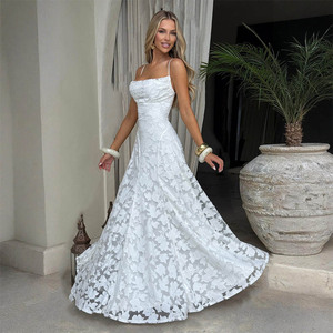 Elegant <b>White</b> Floral <b>Lace</b> Backless Maxi Dress Spaghetti Straps <b>Lace</b> Up Formal Wedding Bridesmaid Evening Gown - Product Image 3