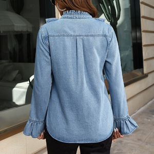 <span class=keywords><strong>Chemise</strong></span> tissée à manches longues Denim à volants avec garniture à manches volantées Denim Top <span class=keywords><strong>Jean</strong></span> Chemises pour dames Denim pour femmes - Product Image 3