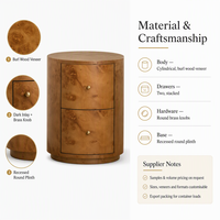 Table de chevet cylindrique en placage de bois de burl avec deux tiroirs, boutons en laiton foncé incrustés, style contemporain