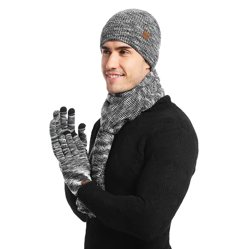 Men's Winter Scarf Suit Outdoor Skiing Warm Knitted Hat Scarf Gloves Set