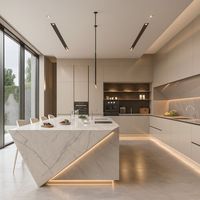 Meubles de cuisine italiens de luxe minimalistes sur mesure VERMONHOUZZ avec îlot en marbre incliné et éclairage LED intégré