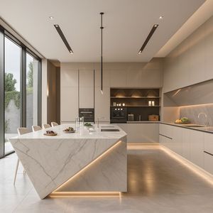Meubles de <span class=keywords><strong>cuisine</strong></span> italiens de luxe minimalistes sur mesure VERMONHOUZZ avec îlot en marbre incliné et éclairage LED intégré - Product Image 1