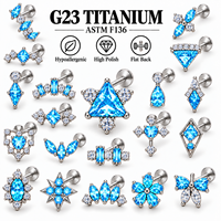 Clous d'oreilles labret à dos plat en titane G23, avec zircon bleu CZ, motif feuille et papillon, bijoux de piercing pour cartilage pour femme, hypoallergéniques