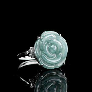 Bague en argent S925 incrustée de jade naturel de qualité A, type glace, motif rose bleue, pour femme, réglable - Product Image 3