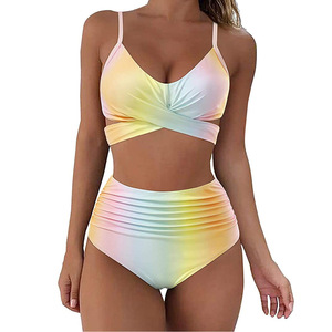 High Quality Women's High Waist Two-Piece Bikini Set Spandex / Polyest Anti-UV Breathable Quick Dry OEM Customizable Print Front - Product Image 6