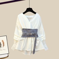 Ensemble deux pièces pour femmes grandes tailles, style doux, chemise ample à col en V, design tendance, jupe en jean à taille cintrée