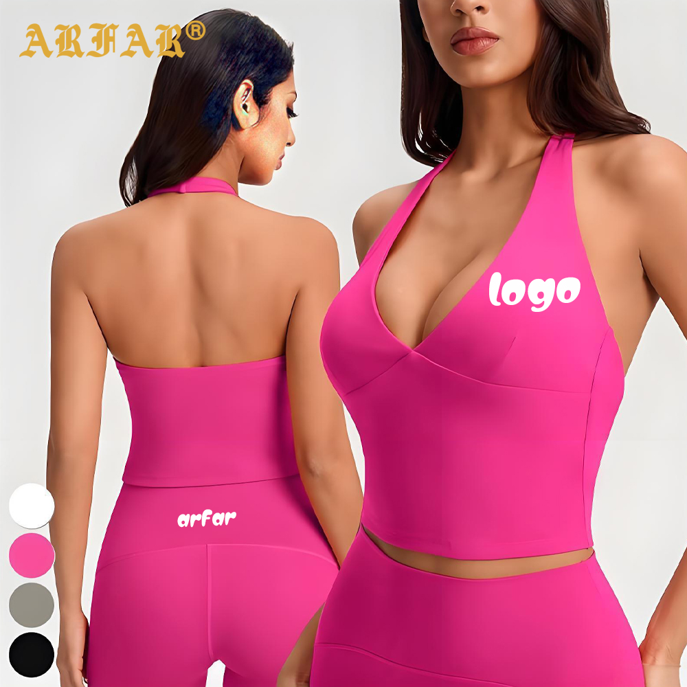 High Quality Women Sports tank Top Wholesale Gym Clothing Sexy Deep V Neckline Sleeveless Backless Halter Active Yoga Tops