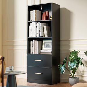 Tủ sách màu đen đơn giản với ngăn kéo 3 kệ tủ sách với kệ có thể điều chỉnh kệ cao - Product Image 2