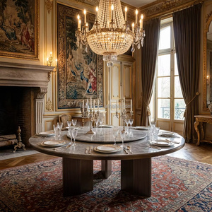 Table à manger ronde moderne de luxe en pierre frittée avec piétement en acier inoxydable bronze pour <span class=keywords><strong>villa</strong></span>, hôtel et usage intérieur/extérieur - Product Image 6