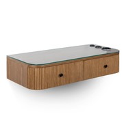 Station de coiffure moderne en bois grainé - Meuble de rangement avec tiroirs, espace de rangement et support pour outils chauffants