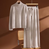 Ensemble pull en pure laine à col haut épais pour femme, automne-hiver, avec pantalon large à tricot plat, pantalon long décontracté, ensemble deux pièces