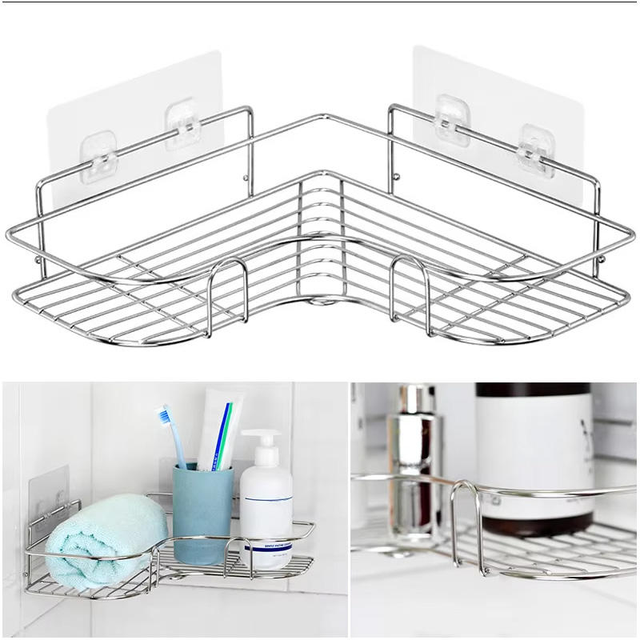 Wall Mounted Adhesive Corner Shelf Stainless Steel Triangular Shelf Shower Caddy Shampoo Storage Rack Kitchen Bathroom Organizer