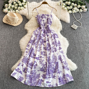 Vestido Maxi de Tirantes Finos con Estampado Toile De Jouy para Mujer, Vestido de Verano con Cintura Fruncida y Corte Fluido - Product Image 2