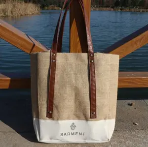 Toptan kadın perçin jüt alışveriş çantası özel logo ile tote çanta üreticisi deri saplı