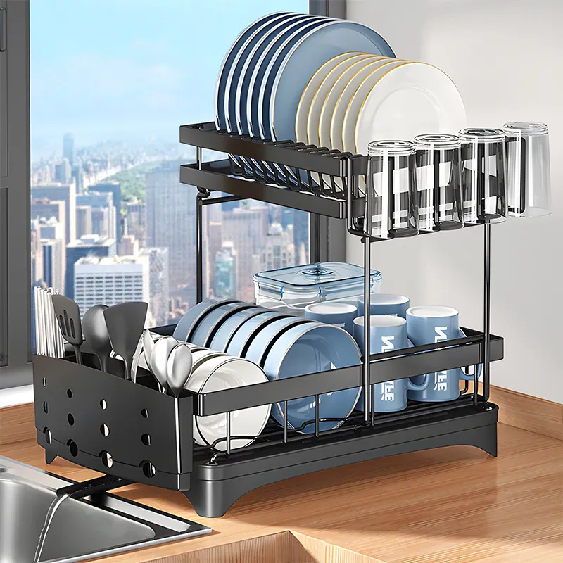 Égouttoir à vaisselle de cuisine au-dessus de l'évier, support de rangement, assiette, bol, étendoir à vaisselle sur pied à 2 niveaux en métal