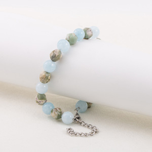 Unisex Chalcedony Beaded Bracelet Blue Green Color Block Round Chamfered Square Beads <b>Titanium</b> Steel Clasp Fashion Jewelry - Product Image 3