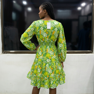 Floral Print Cotton Midi <b>Dress</b> Square Neck Lantern Sleeve A-Line Casual <b>Dress</b> Spring Green Patterned Layered Hem - Product Image 3