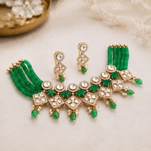Green Beaded <b>Choker</b> Necklace Set with Crystal Rhinestones 925 <b>Silver</b> Necklace and Earrings Set for Women Green Beads Kundan - Product Image 4