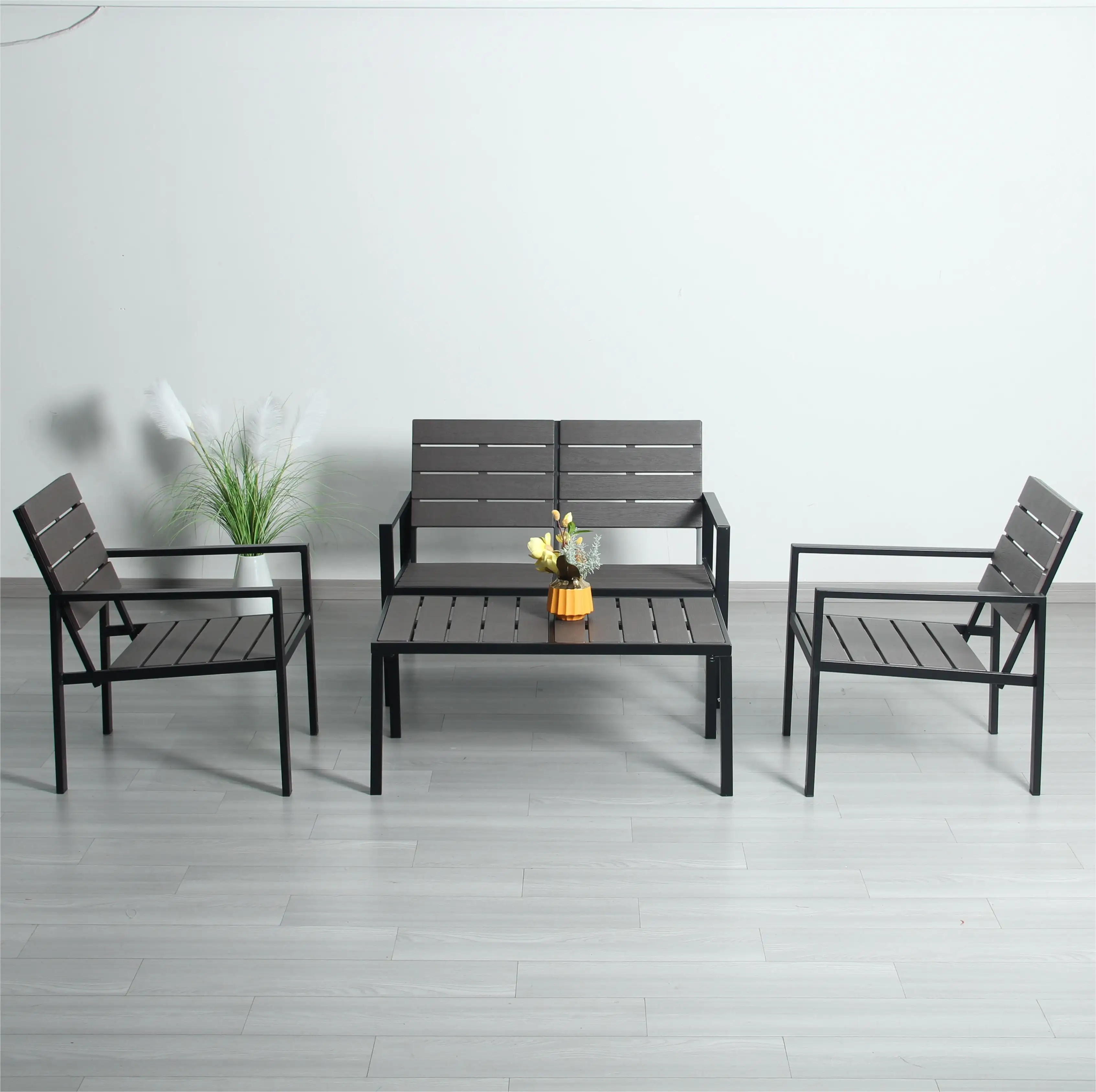 4 Pieces Patio Garden Sofa Wood Grain Design Steel Frame All Weather Set with Cushions Coffee Table Outdoor Furniture