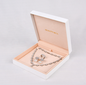 Boîte à bijoux rigide blanche haut de gamme à fermeture magnétique, impression quadricolore, carton gris enveloppé de papier spécial, couvercle imprimé or - Product Image 1