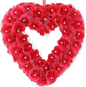 Ghirlanda cuore idilliaco fiori rose corona artificiale casa matrimonio san valentino corona porta decorativa rosso 14 pollici