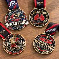 Médailles de champion de boxe Flyances personnalisées en métal émaillé souple en forme de gant doré, médailles de kickboxing et de lutte aux bras avec ruban