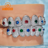 Grilles dentaires Hip Hop sur mesure en argent 925 avec pierres précieuses colorées, diamants VVS et moissanite pour hommes (8 dents supérieures, 8 dents inférieures)