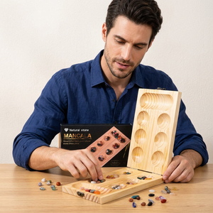 Jeu de Mancala en bois avec pierres colorées, design traditionnel sculpté, étui de rangement pliable - Product Image 4