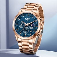LG89225 Montre Homme Vintage Business Dessin Animé Simple Lumineuse Bleu Or Rose Alliage Acier Inoxydable 43mm Monnaie Trois Yeux Phase de Lune