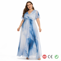 Robe longue sur mesure grande taille pour femme, dégradé bleu et blanc Niagara Falls, en mousseline, col en V, coupe trapèze, longueur complète, du CA 14 au 28